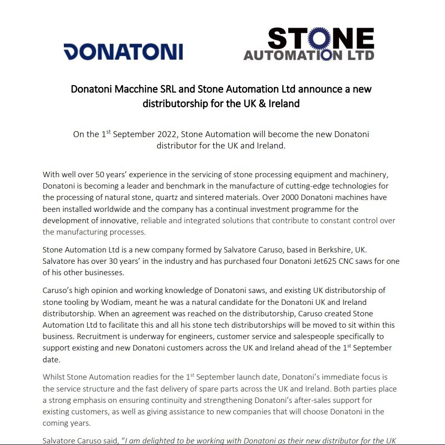 The headline from a media release by Stone Automation the new distributors for Donatoni Macchine