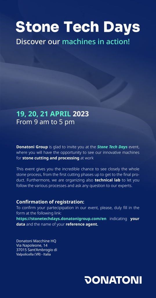 Donatoni Stone Tech Days information flyer as shared by Stone Automation the UK distributor